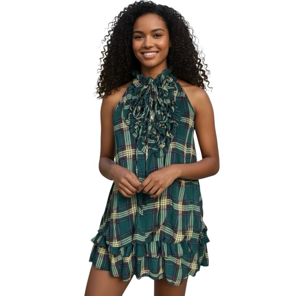 Y2K Plaid Ruffled Georgette Tiered Whimsy Goth Sleeveless Sheer Mini Dress S